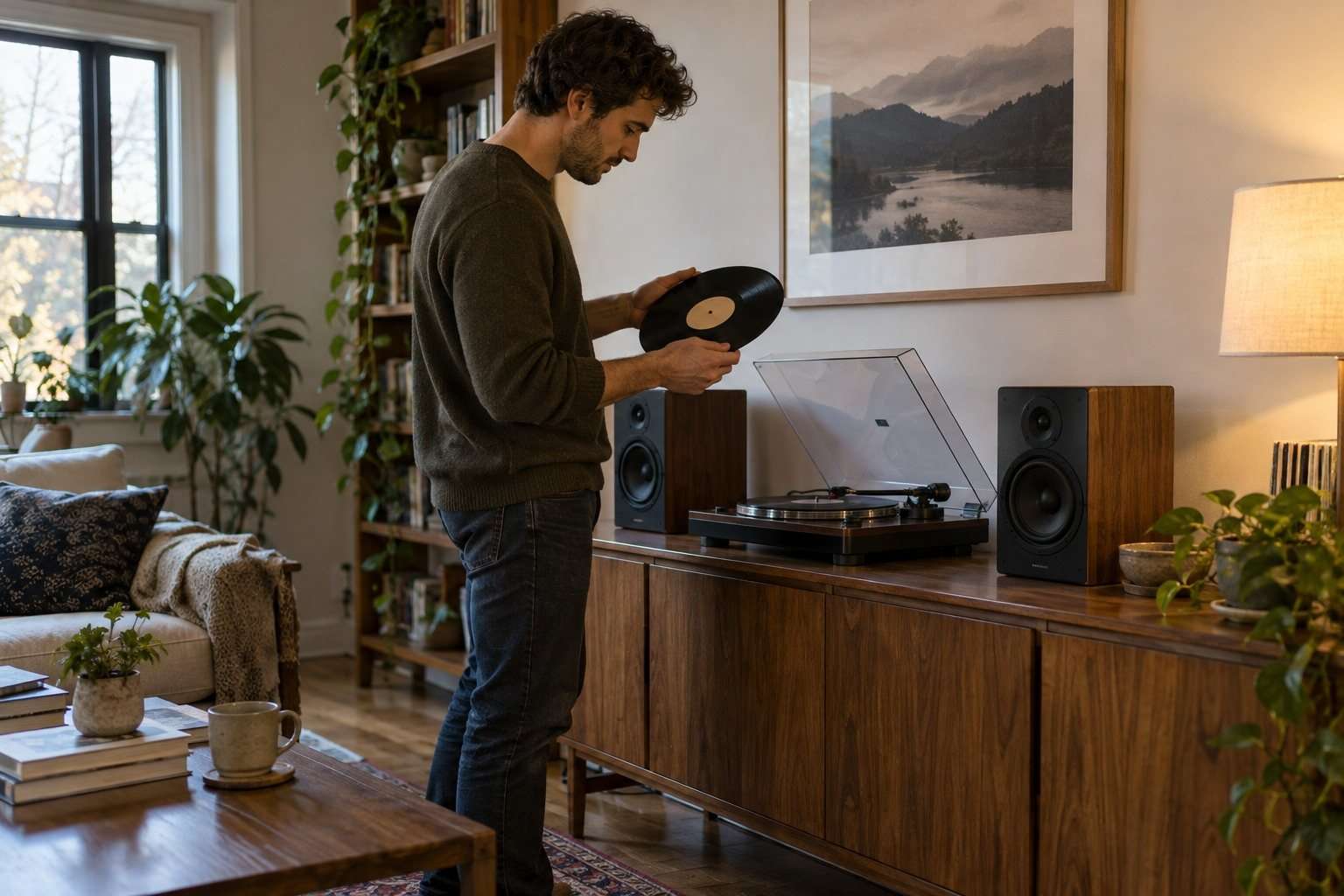 Una persona sostiene un vinilo junto a un tocadiscos y dos altavoces.