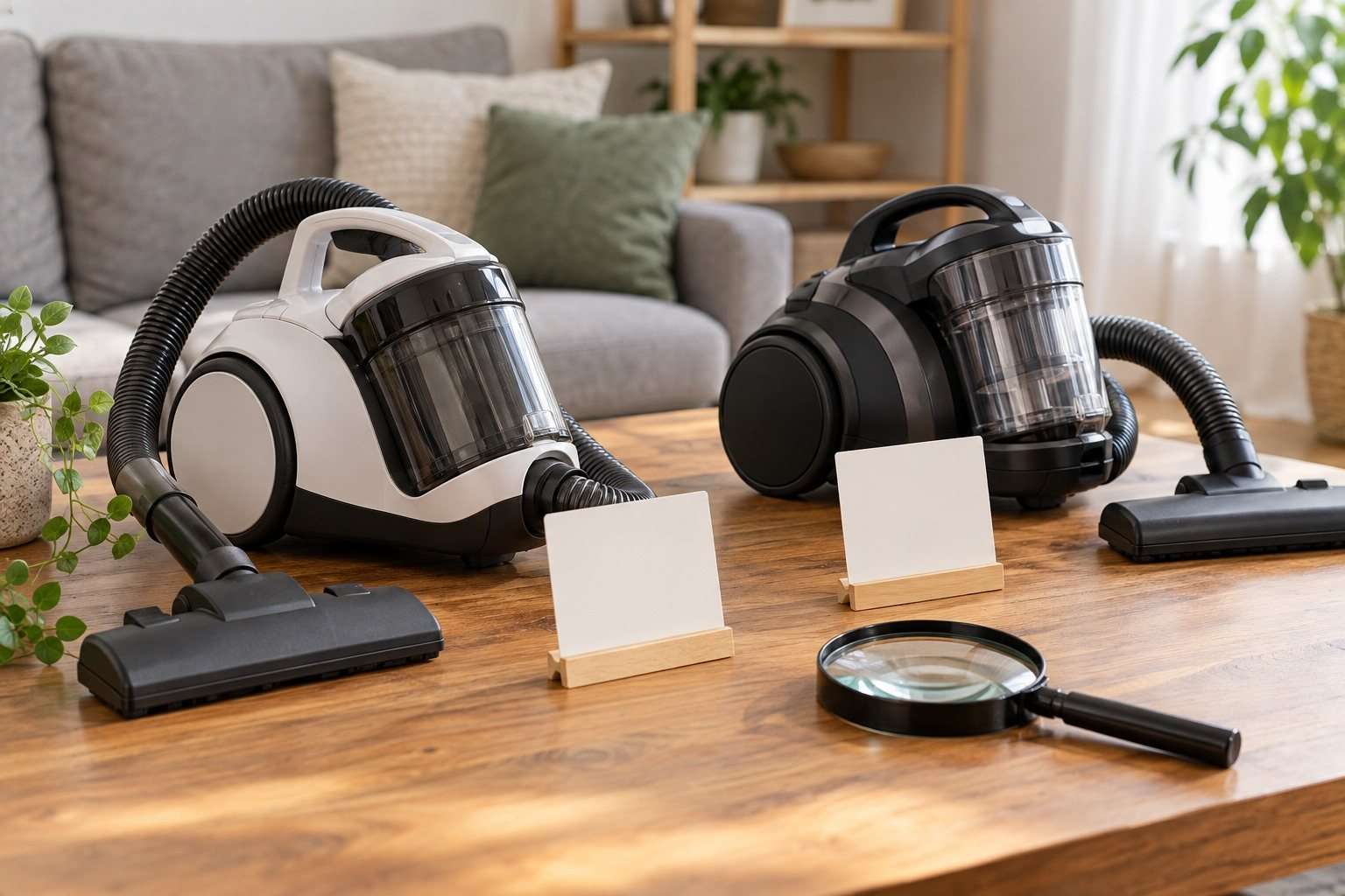 Dos aspiradoras compactas junto a fichas en blanco y una lupa sobre una mesa.