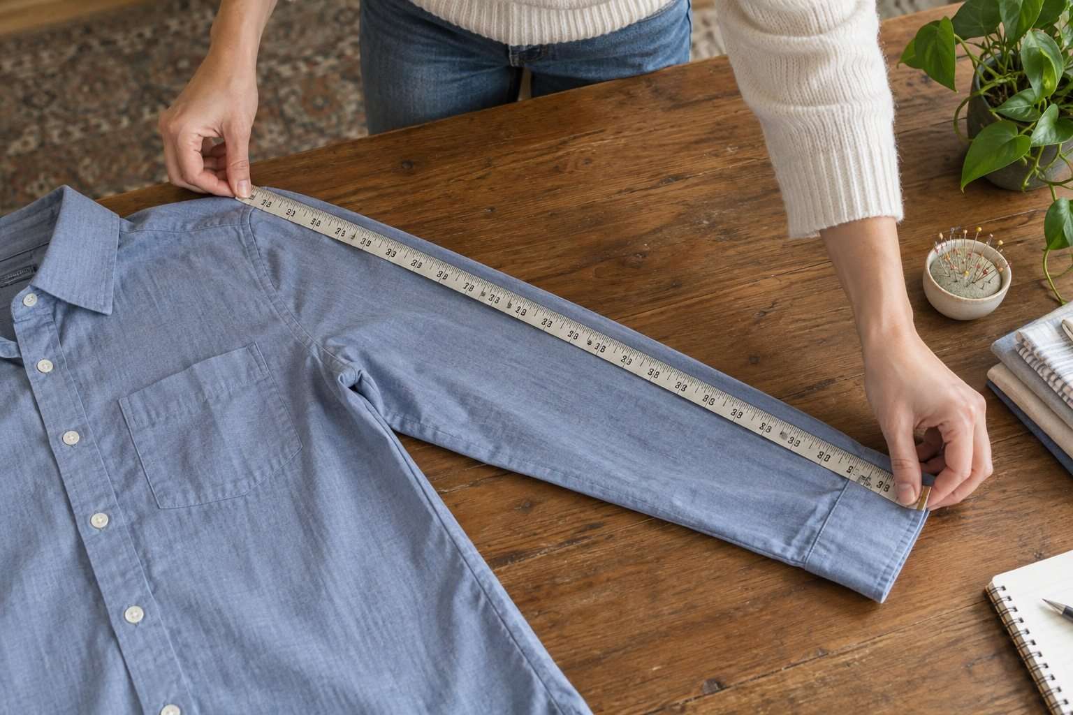Manos colocando una cinta métrica sobre la manga de una camisa en plano